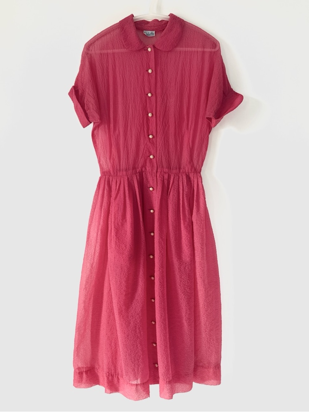 Vintage Sheer Button-Front Hot Pink Dress